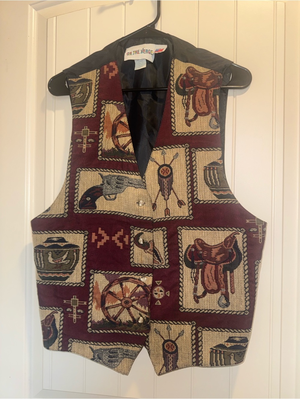 Vintage On The Verge western style Tapestry Vest - Burgundy & Tan